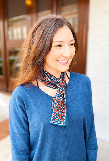 Lena Leopard Scarf Tie in Blue, navy and rust colored cheetah scarf tie 