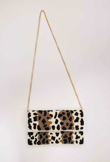 Leopard Beaded Handbag, brown leopard beaded clutch 