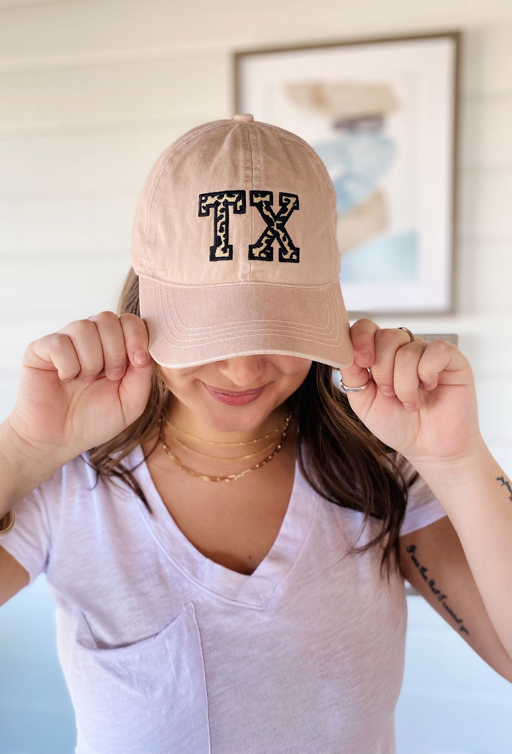 Lropard Texas Baseball Cap in Dusty Pink, washed construction and leopard print TX patch