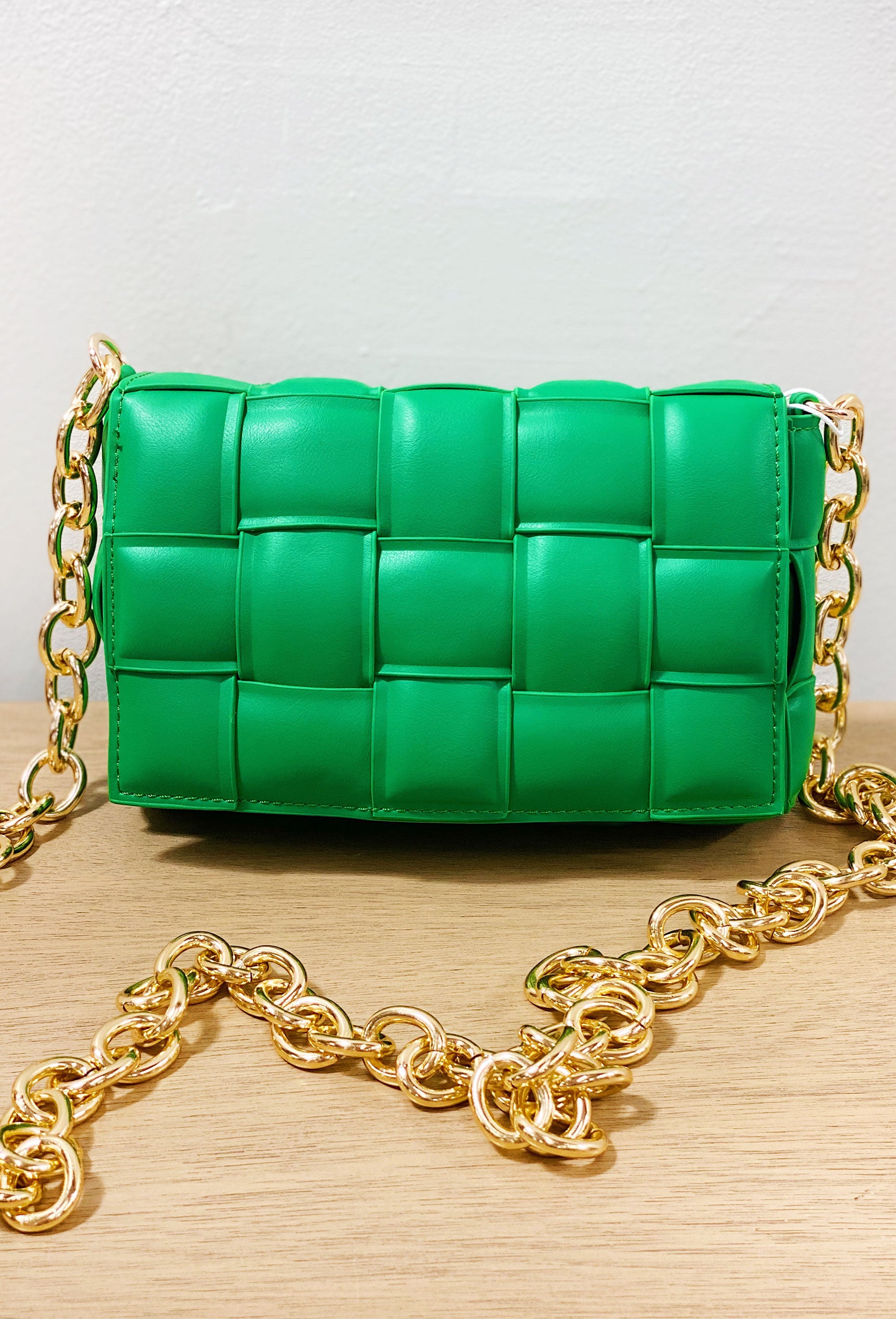 Libby Crossbody in Green, woven clutch with gold chain link crossbody strap