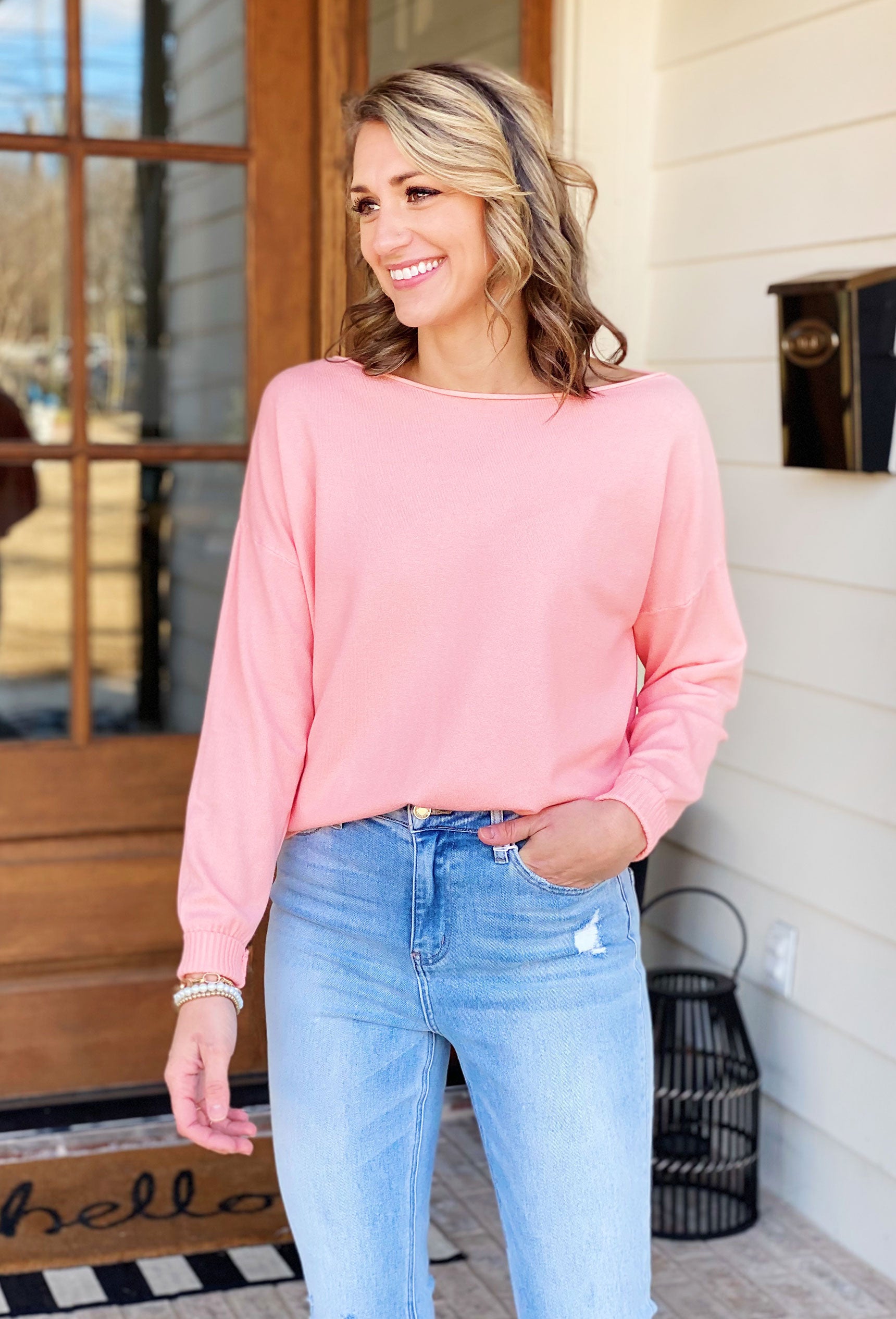 Lilly Sweater by Dreamers in Flamingo, light pink off the shoulder sweater, ribbed hem