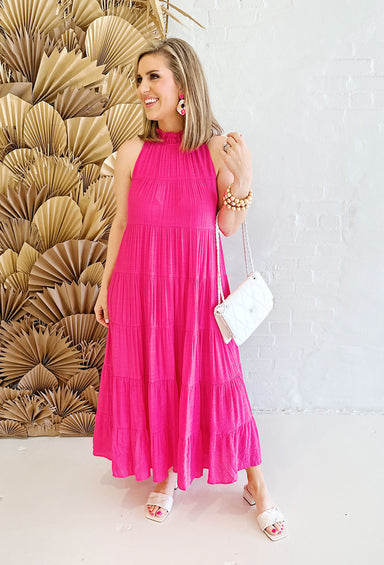 Lisbeth Pink Tiered Maxi Dress, pink tiered dress with high neck and self tie detail in the back