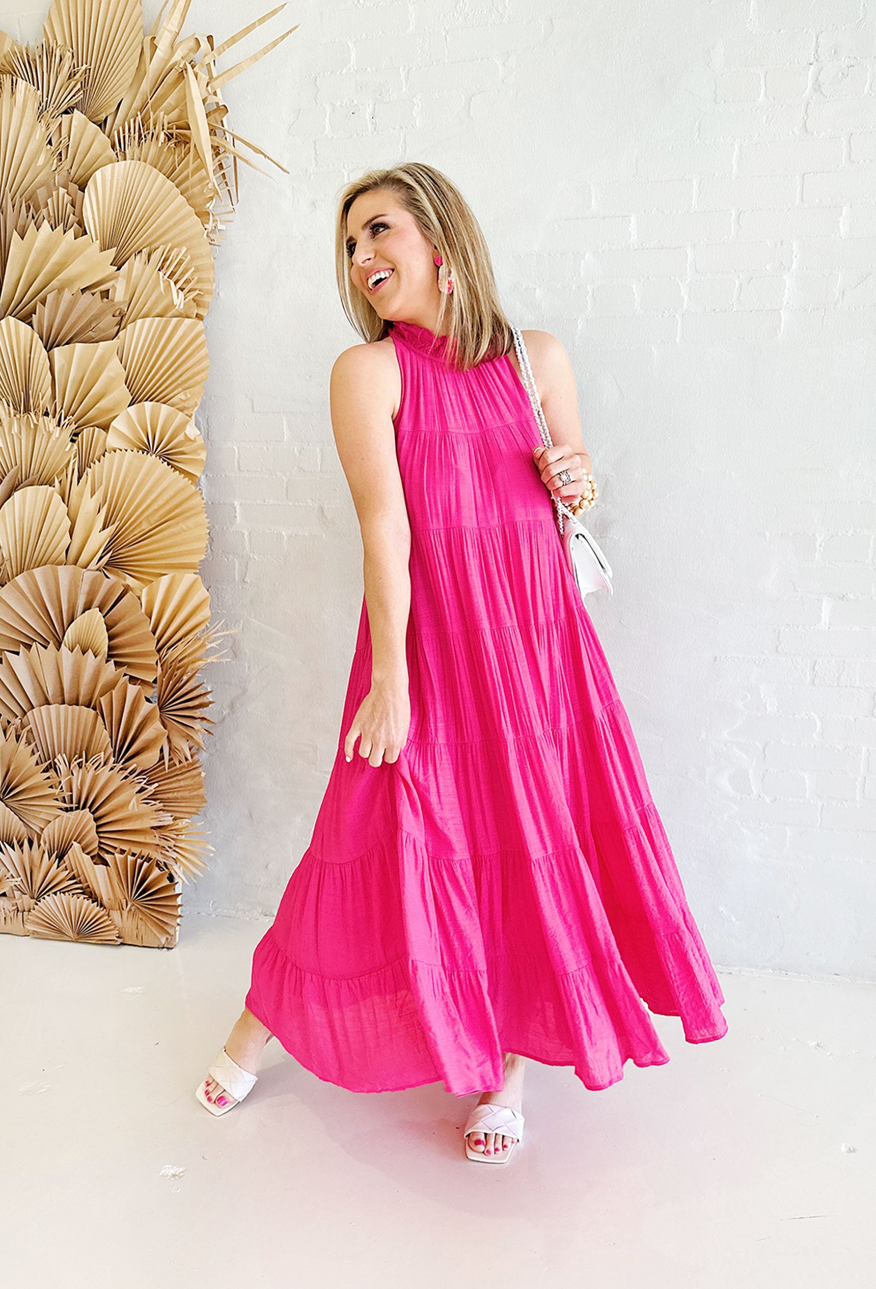 Lisbeth Pink Tiered Maxi Dress, pink tiered dress with high neck and self tie detail in the back