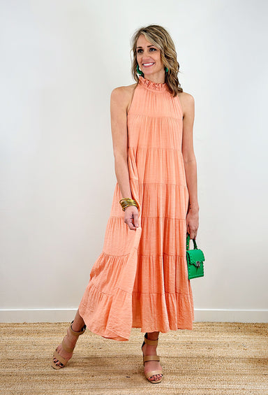 Lisbeth Peach Tiered Maxi Dress, peach tiered maxi dress with ruffle at neck and self tie in back
