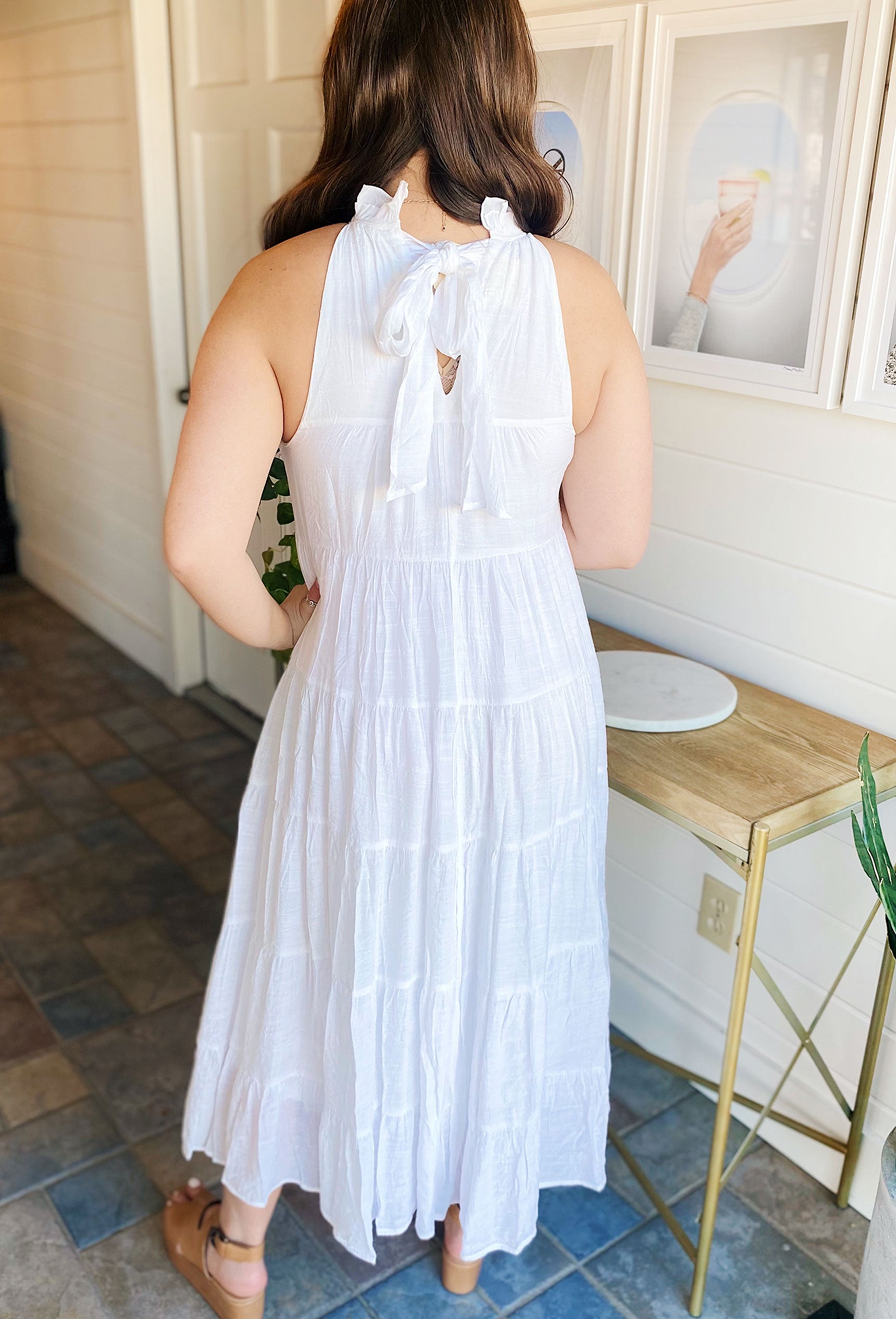 Lisbeth White Tiered Maxi Dress, white maxi dress, tiered dress, ruffle neck, self tie in the back