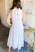 Lisbeth White Tiered Maxi Dress, white maxi dress, tiered dress, ruffle neck, self tie in the back
