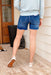 Loretta Midi Denim Shorts by Vervet, medium washed denim shorts, longer in length, raw hem