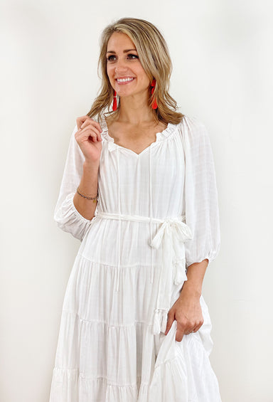 Make A Toast Midi Dress, white tiered dress with tie around the waist, ruffle along neckline and drawstring detailing 