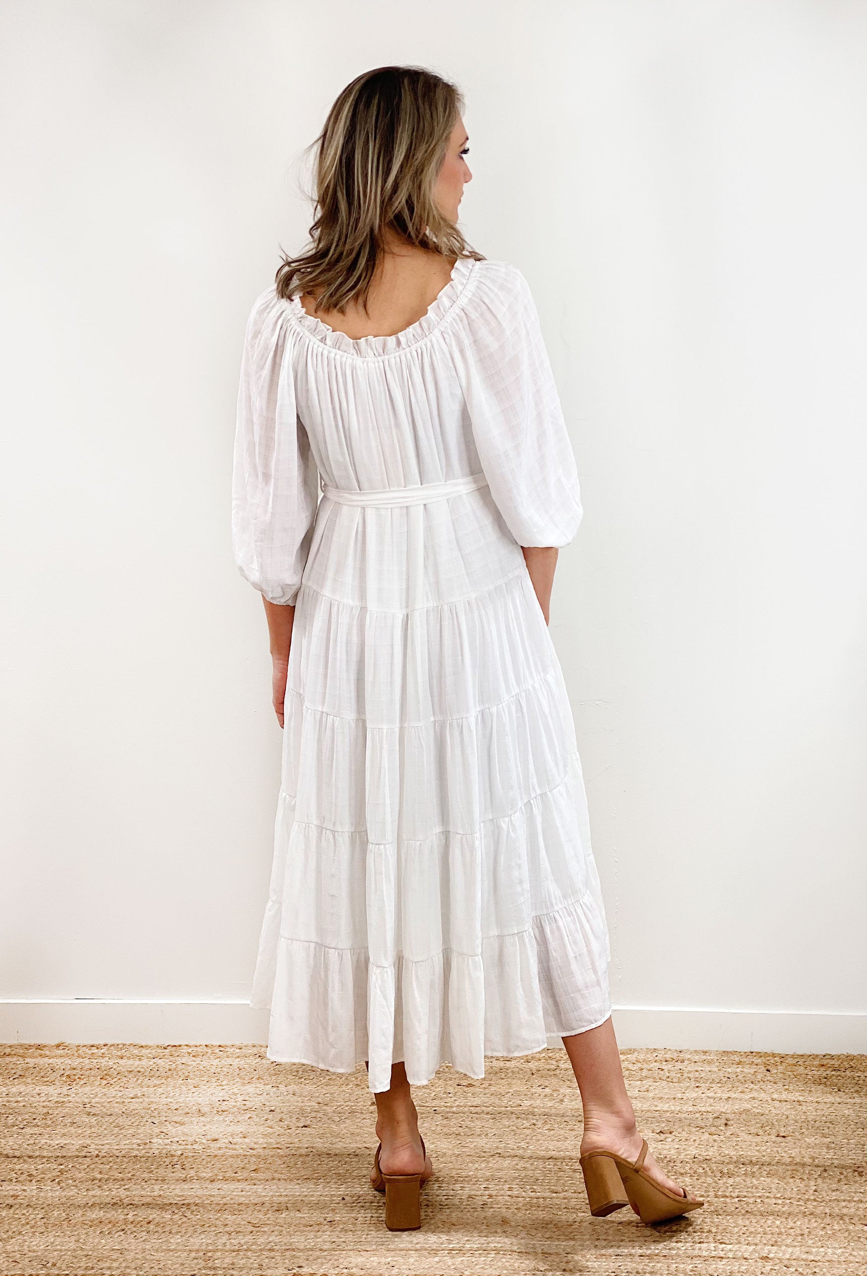 Make A Toast Midi Dress, white tiered dress with tie around the waist, ruffle along neckline and drawstring detailing 