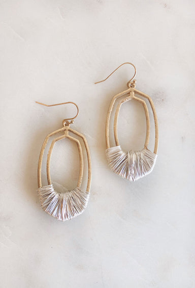Make it Mine Earrings, Gold drop earrings with silver wire wrapping the bottom of the earring