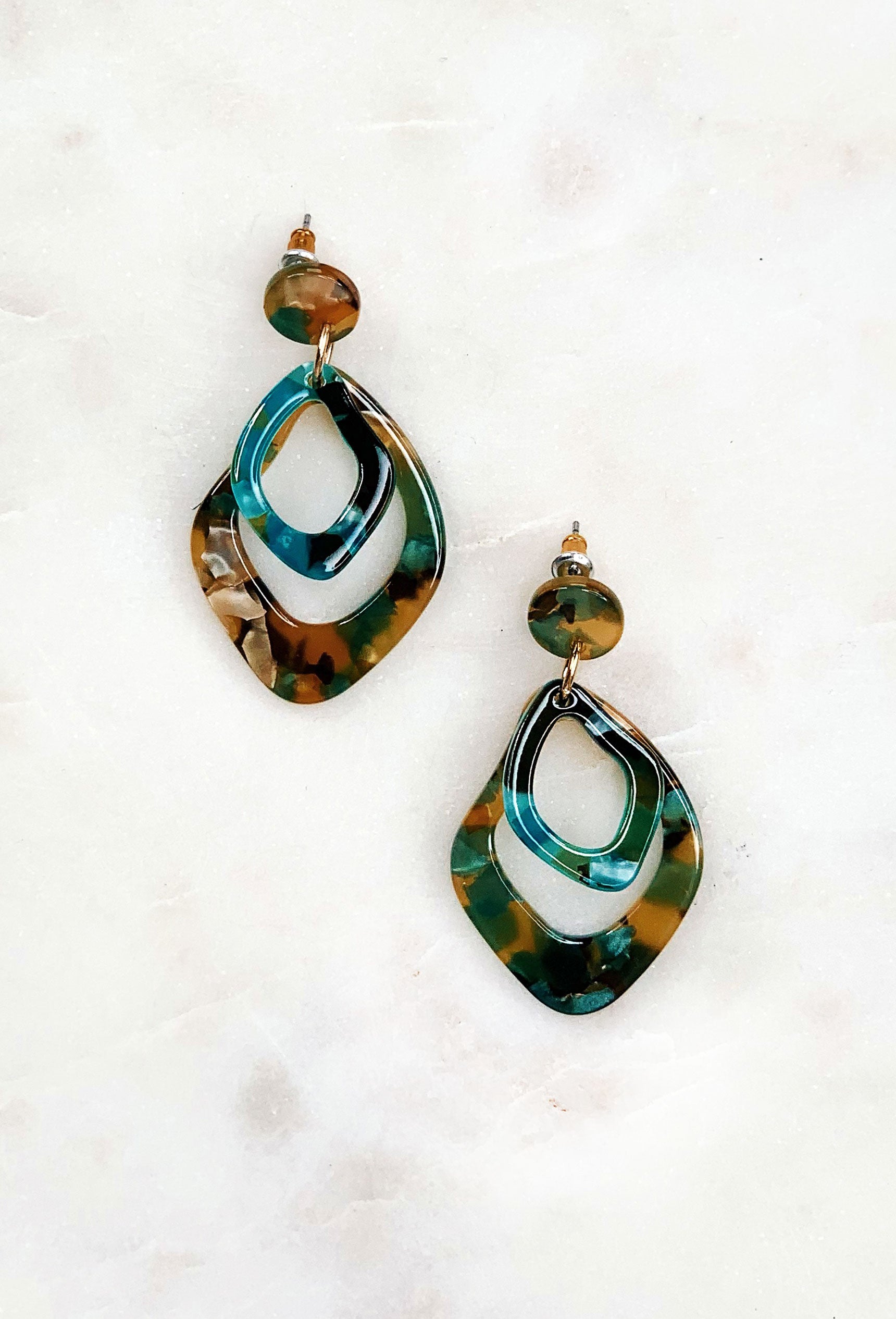 Marble Multi-Color Resin Earrings, brown and blue tortoise resin earrings in a boho drop inspired shape 