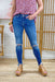 Maxine Distressed Skinny Jeans, dark blue denim, skinny jeans, distressing at the knees and ankles, mid rise