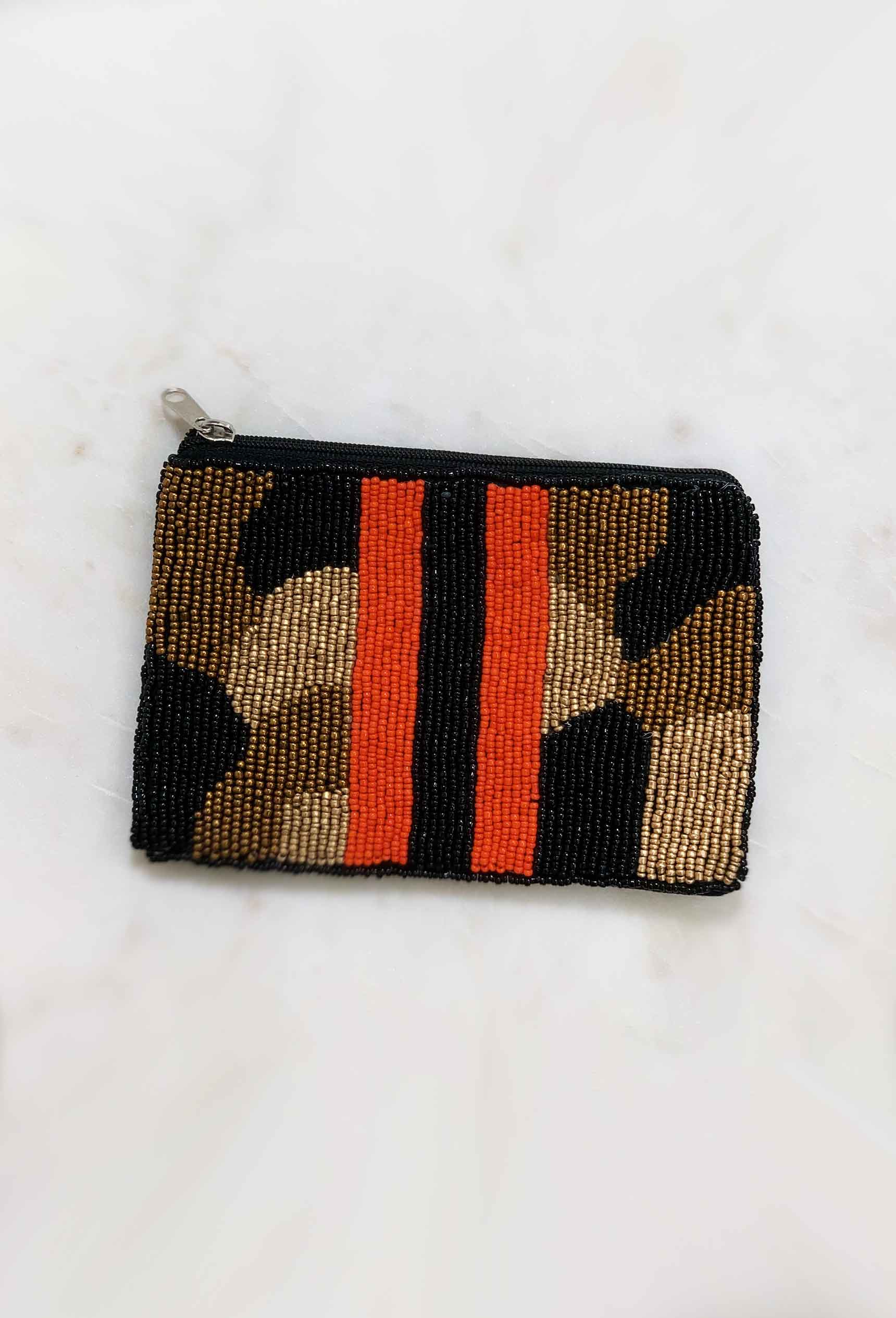 Metallic Camouflage Beaded Pouch, bronze camo beaded pouch with black and red beaded stripe 
