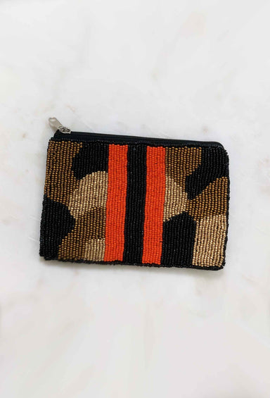 Metallic Camouflage Beaded Pouch, bronze camo beaded pouch with black and red beaded stripe 