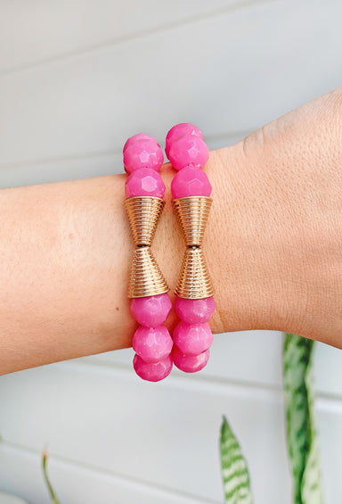 Mia Bracelet Set in Pink, set of 2 ball beaded bracelet with gold detail