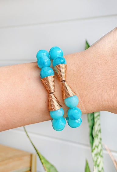 Mia Bracelet Set in Blue, set of 2 ball beaded bracelet with gold detail