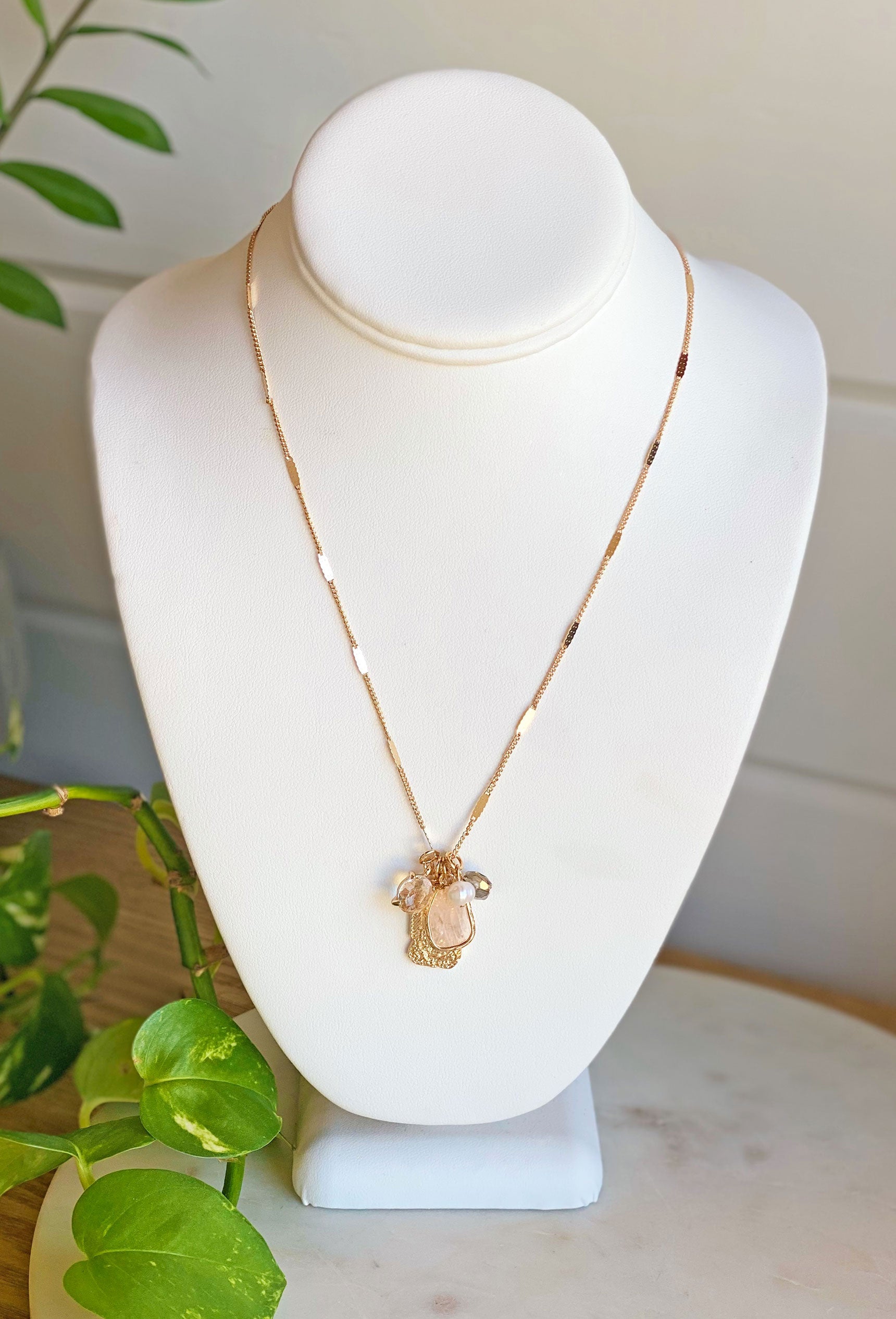 Mia Charm Necklace in Blush, charmed necklace, blush stone, dainty chain, adjustable