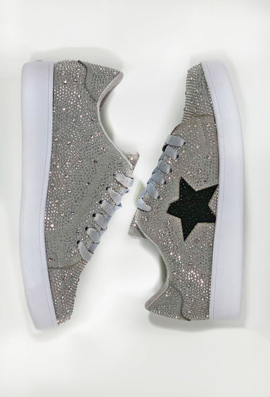 Miel Rhinestone Star Sneaker, grey sneaker with black star and rhinestones covering shoes