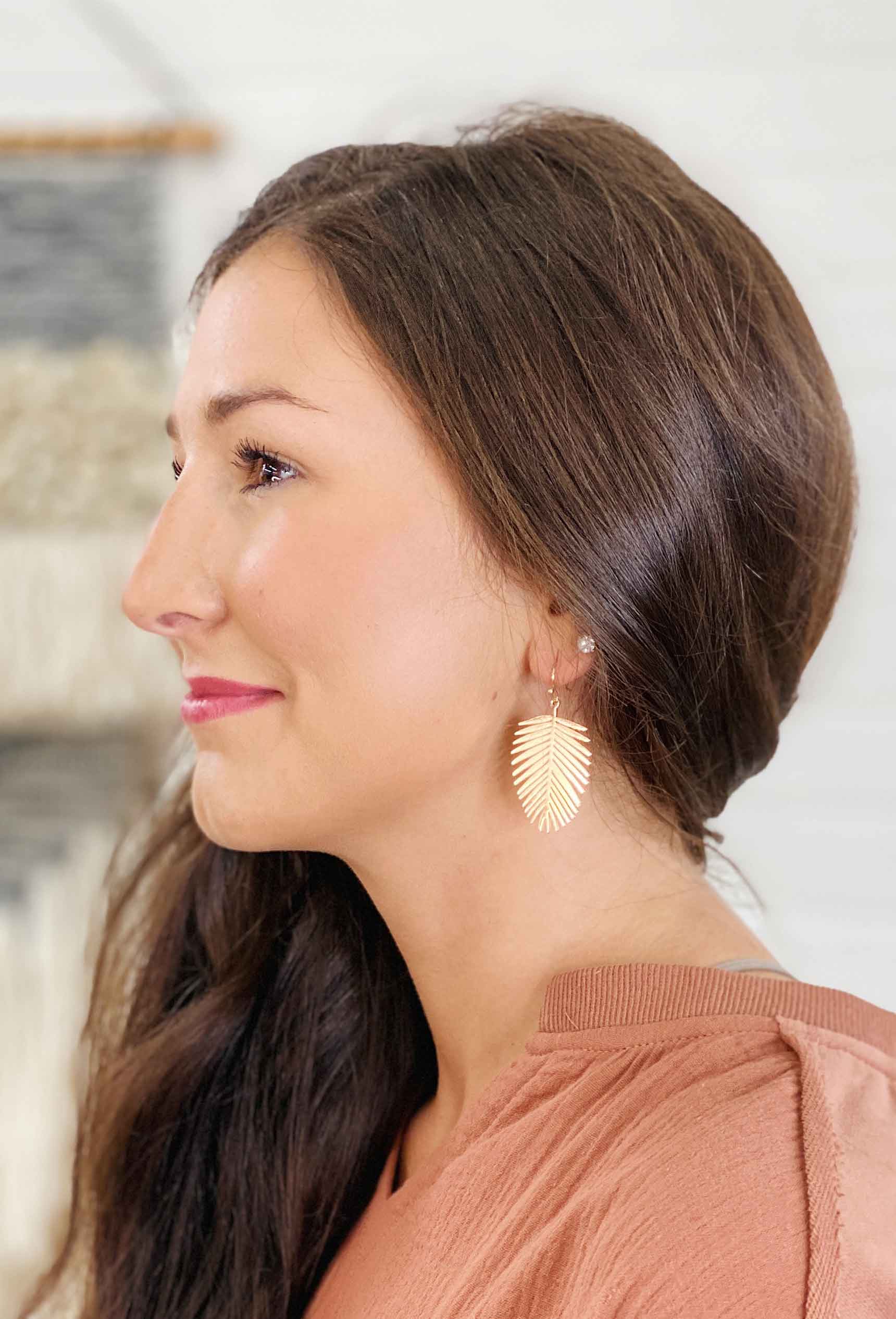 Mini Gold Palm Leaf Earrings, dainty gold plam leaf stamped earrings