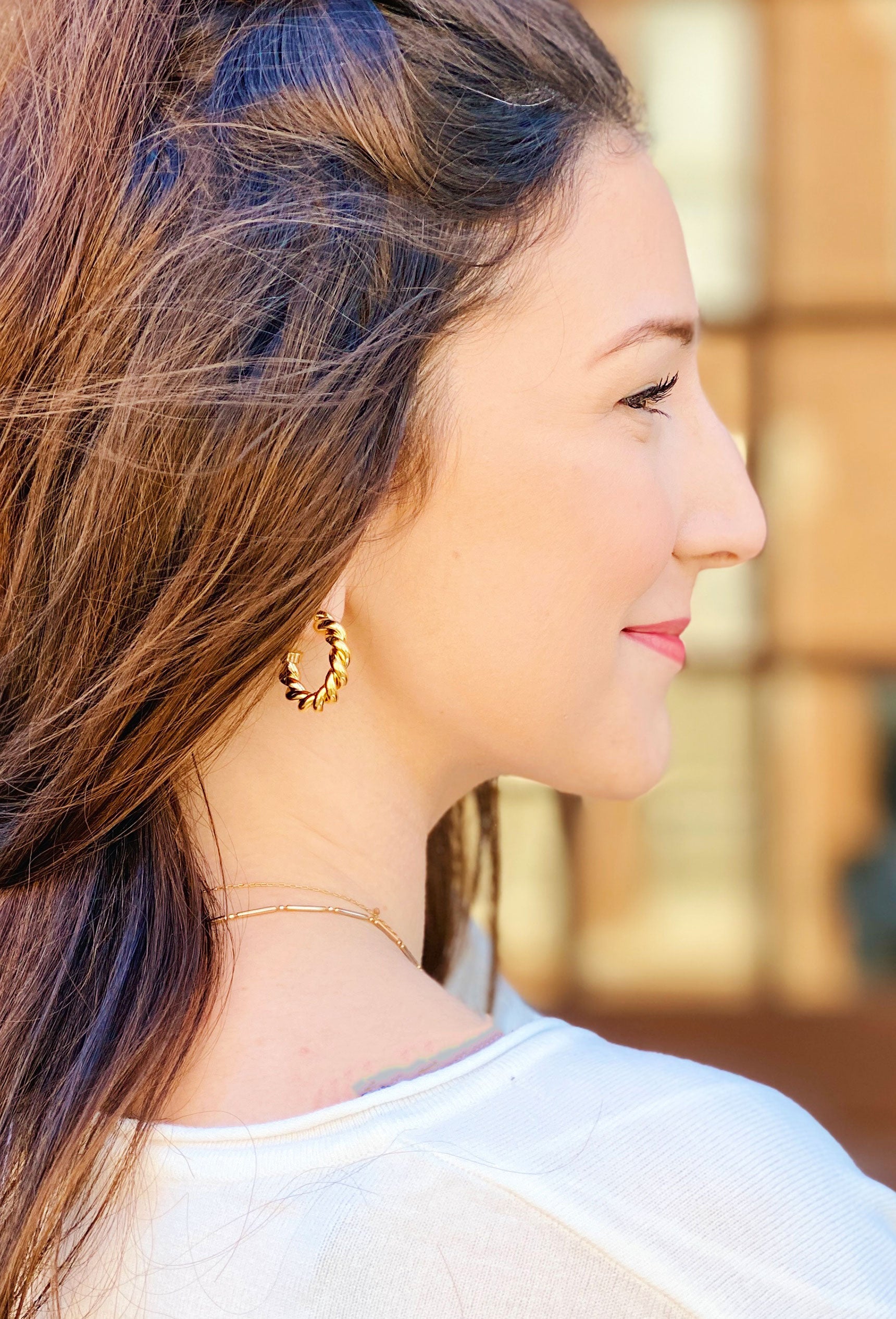 Mini Twisted Hoop Earrings, gold twisted small hoop earrings on post backing 