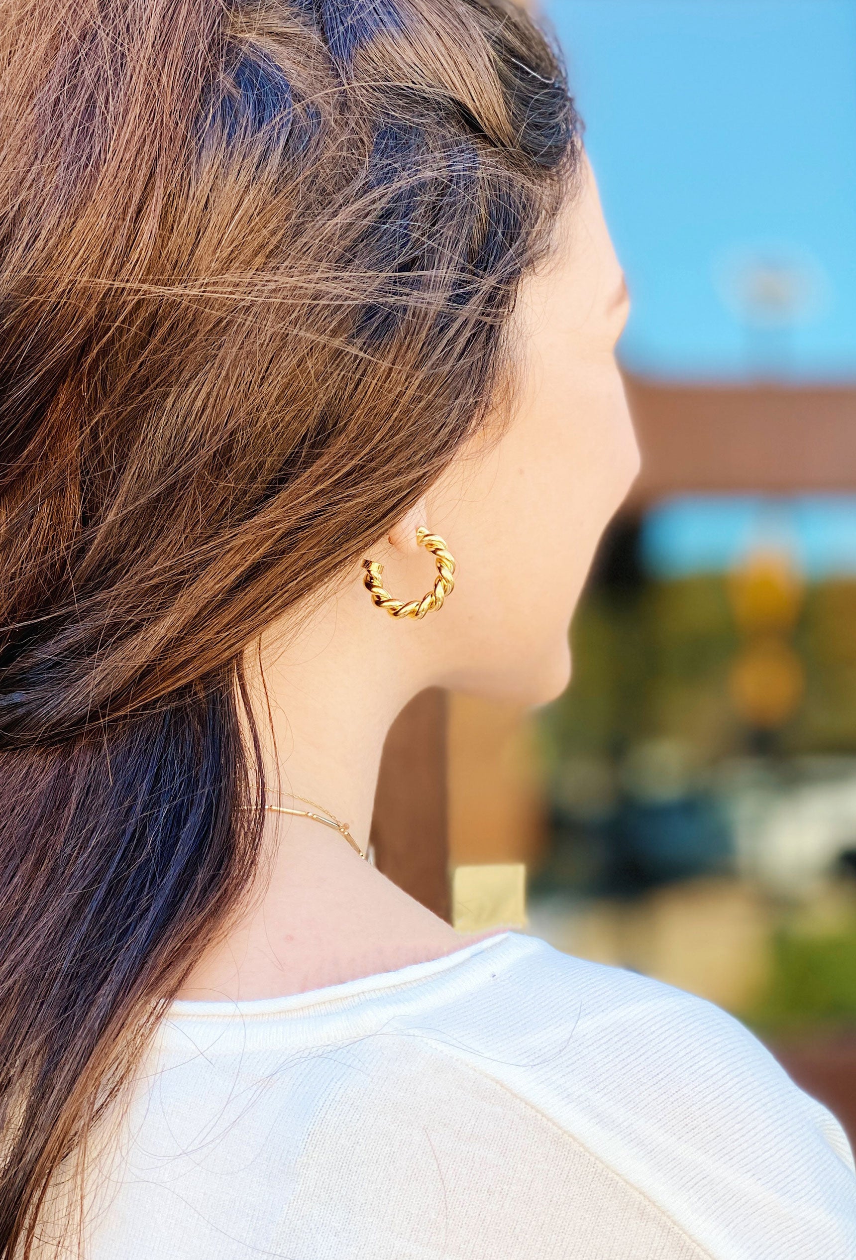 Mini Twisted Hoop Earrings, gold twisted small hoop earrings on post backing 