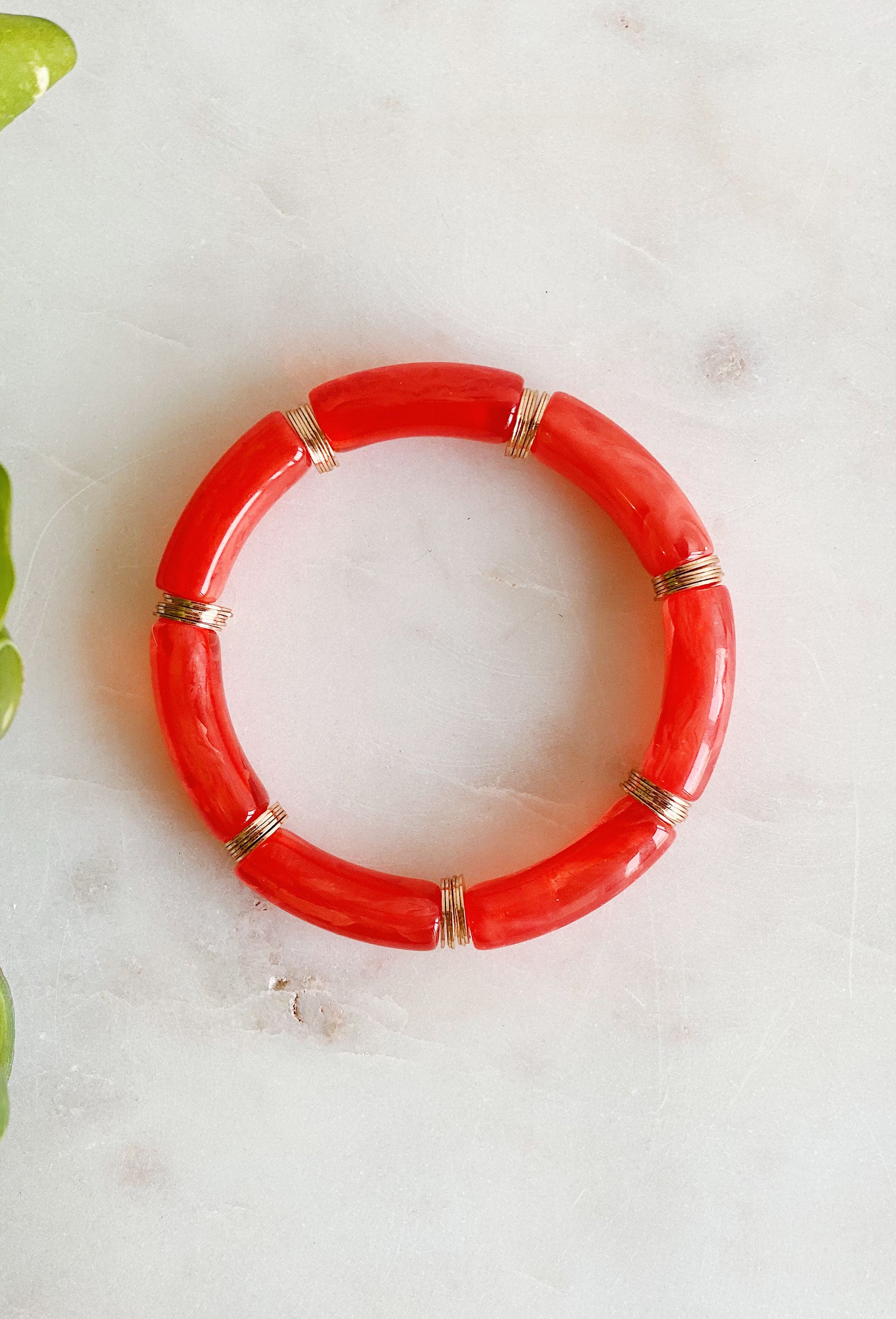 Mollie Acrylic Bracelet in Coral. gold and orange beads