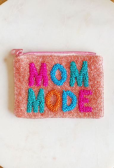 Mom Mode Beaded Pouch, rose gold beaded pouch with "mom mode" beaded in different colors on front, zipper closure
