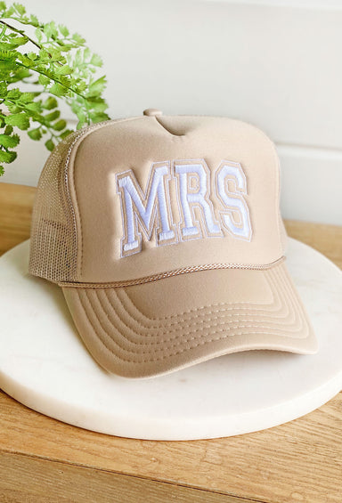 Friday + Saturday: MRS Trucker Hat, tan hat with white embroidered mrs across the front 