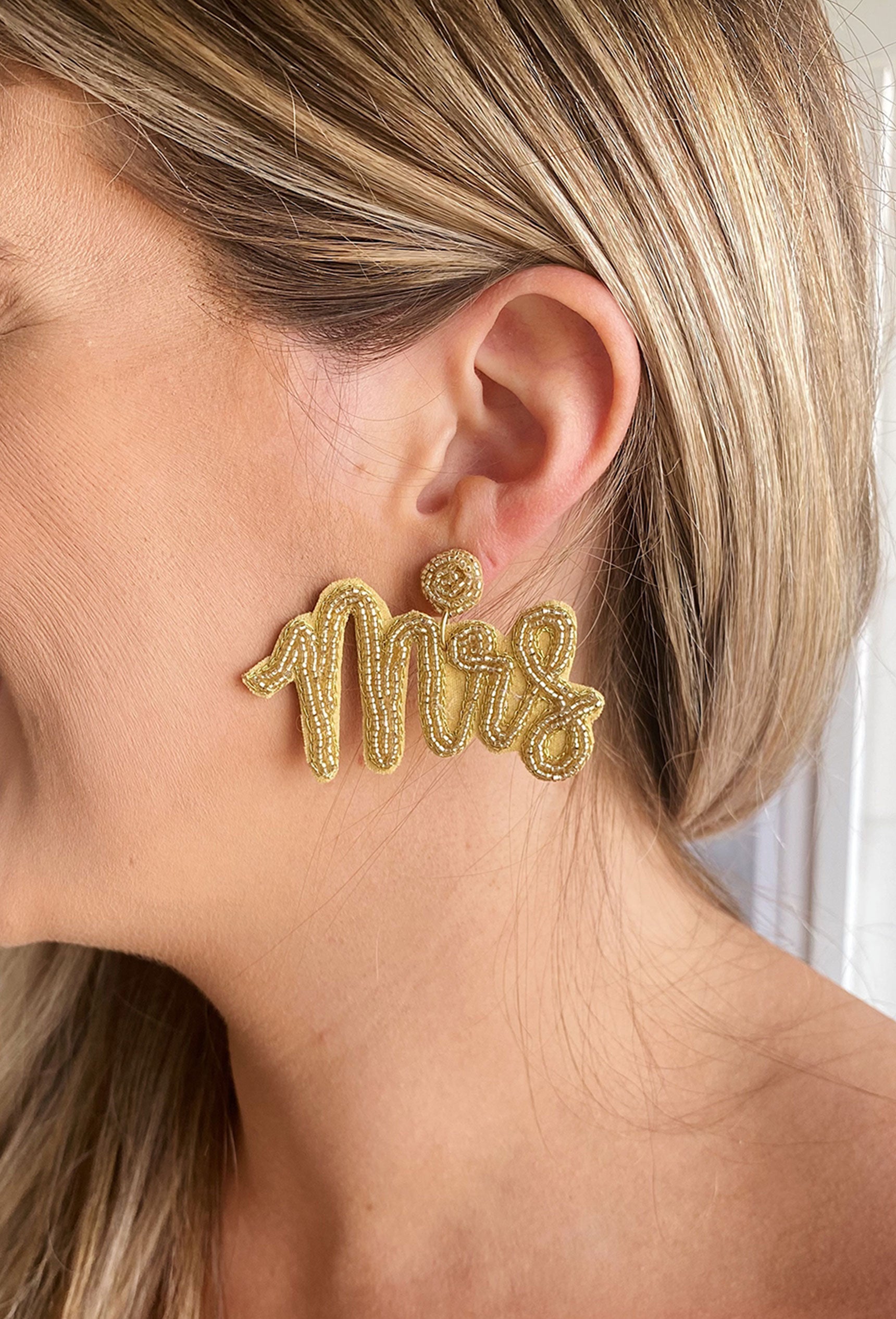 Mrs. Beaded Earrings, gold beaded earrings that say "Mrs"