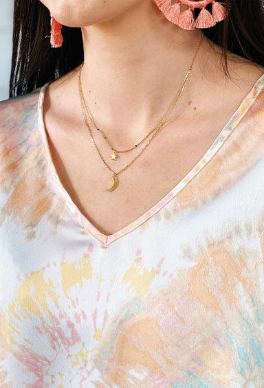 Must Have Layered Moon & Star Necklace, double layered gold necklace with moon and star pendant