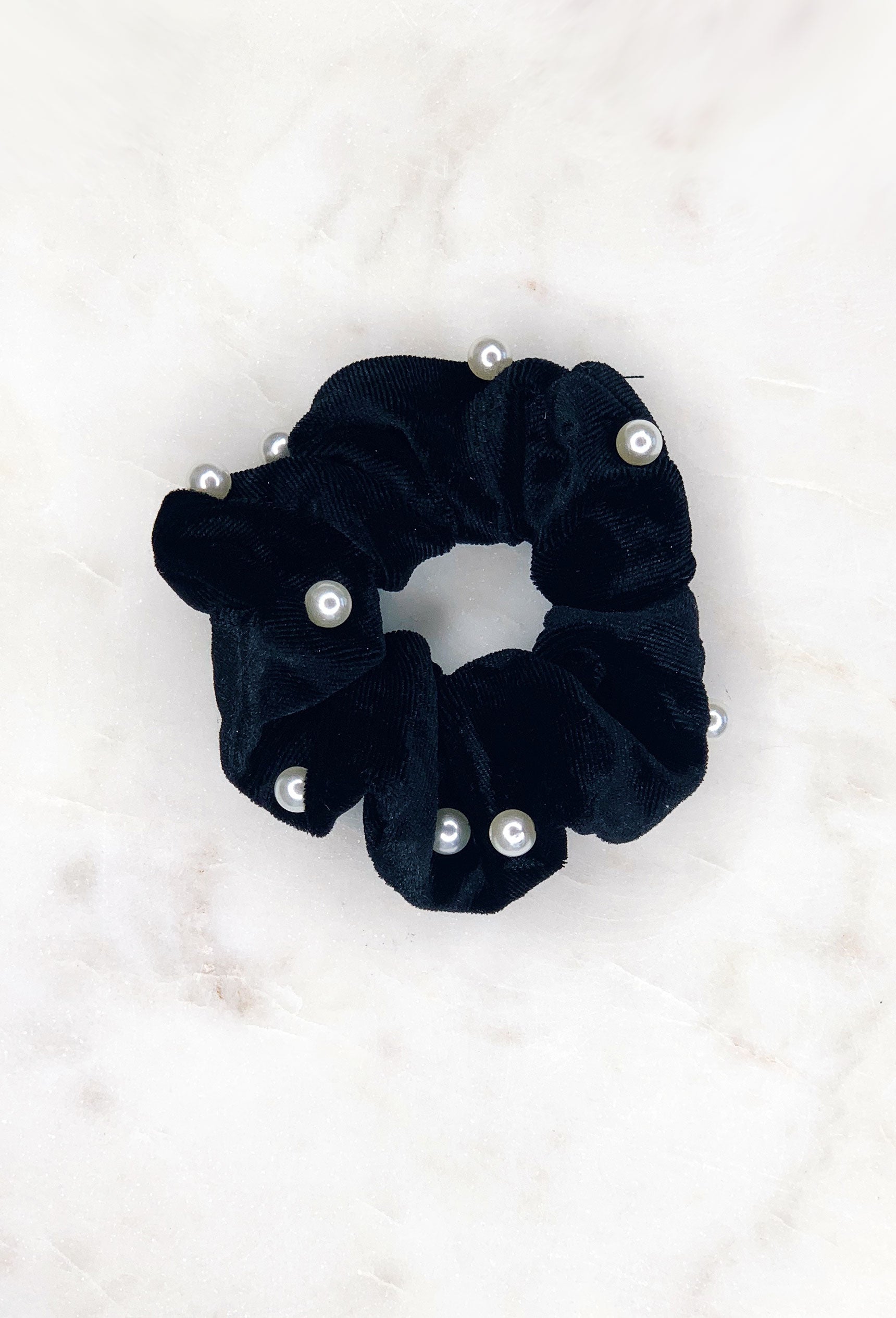 Velvet Pearl Scrunchie in Black, black velvet scrunchies with pearls sewn on 