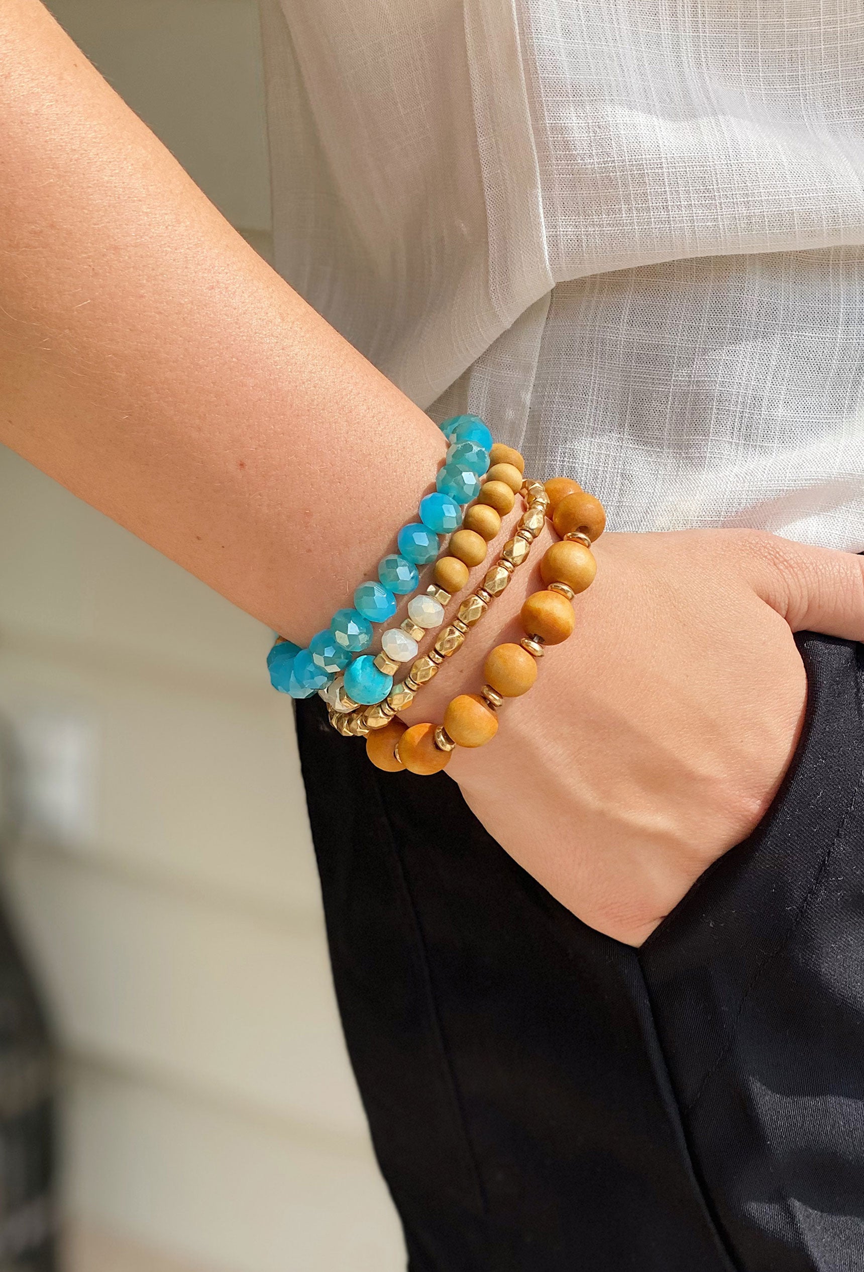 New Day Bracelet Set in Blue, mixture of turquoise, gold and wooden beads, set of 4, pull on styling