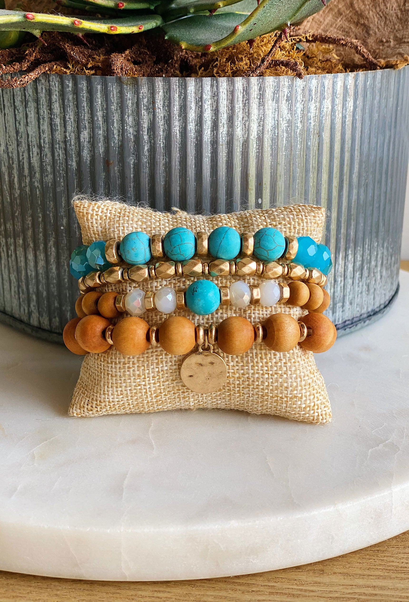 New Day Bracelet Set in Blue, mixture of turquoise, gold and wooden beads, set of 4, pull on styling