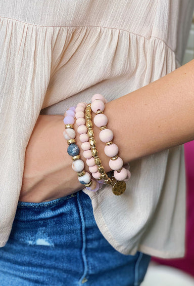 New Day Bracelet Set in Blush, set of 4, gold beads mixed with blush, textured, pull on styling