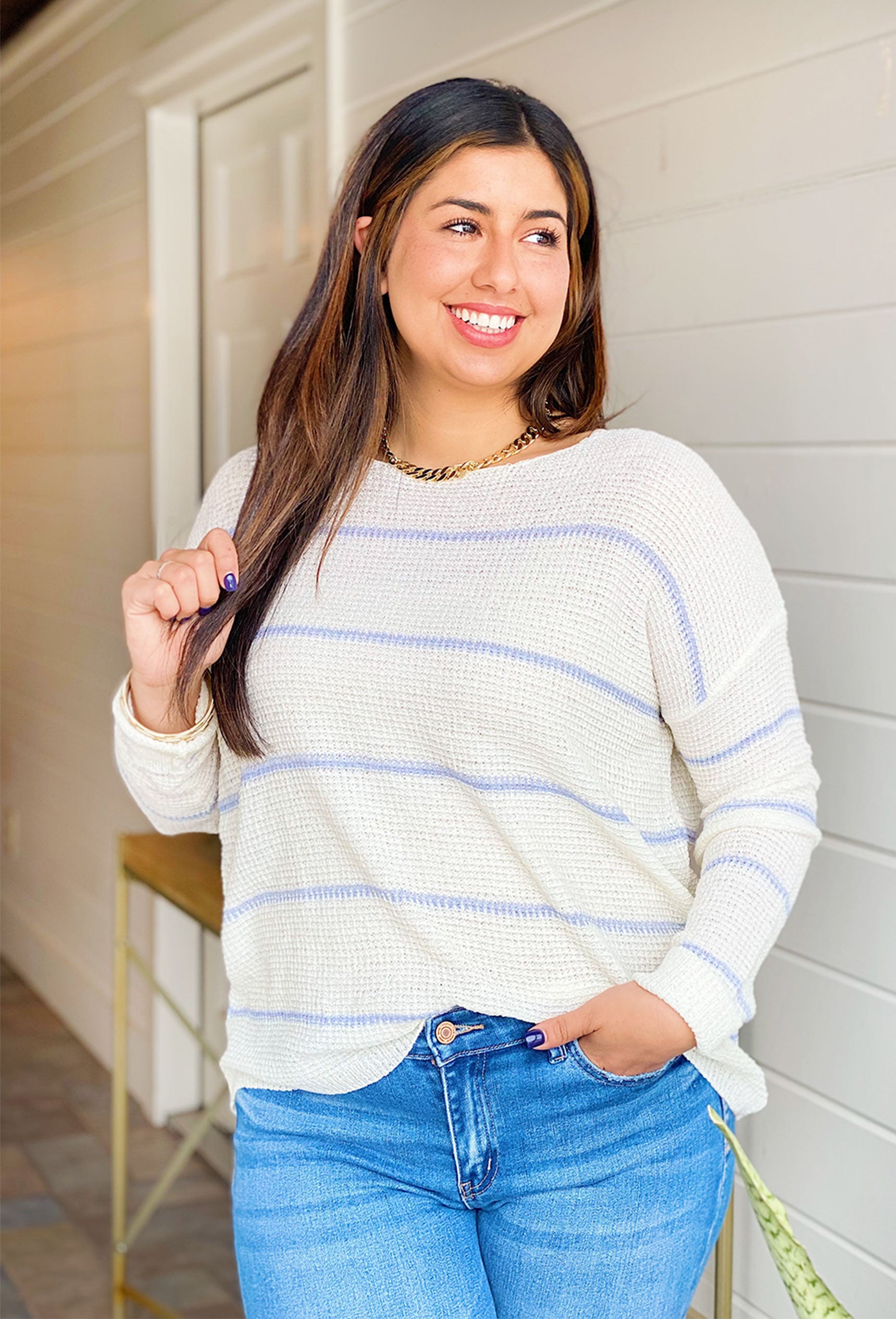 Nights in Aspen Striped Sweater, white knit sweater with blue stripes 