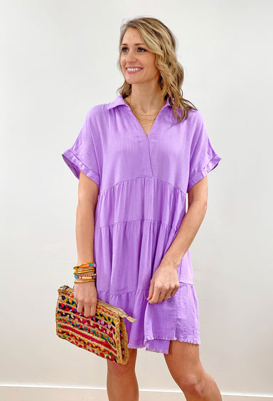 Nikoleta Linen Shirtdress in Lavender, tiered linen dress, v-neck, distressed hem