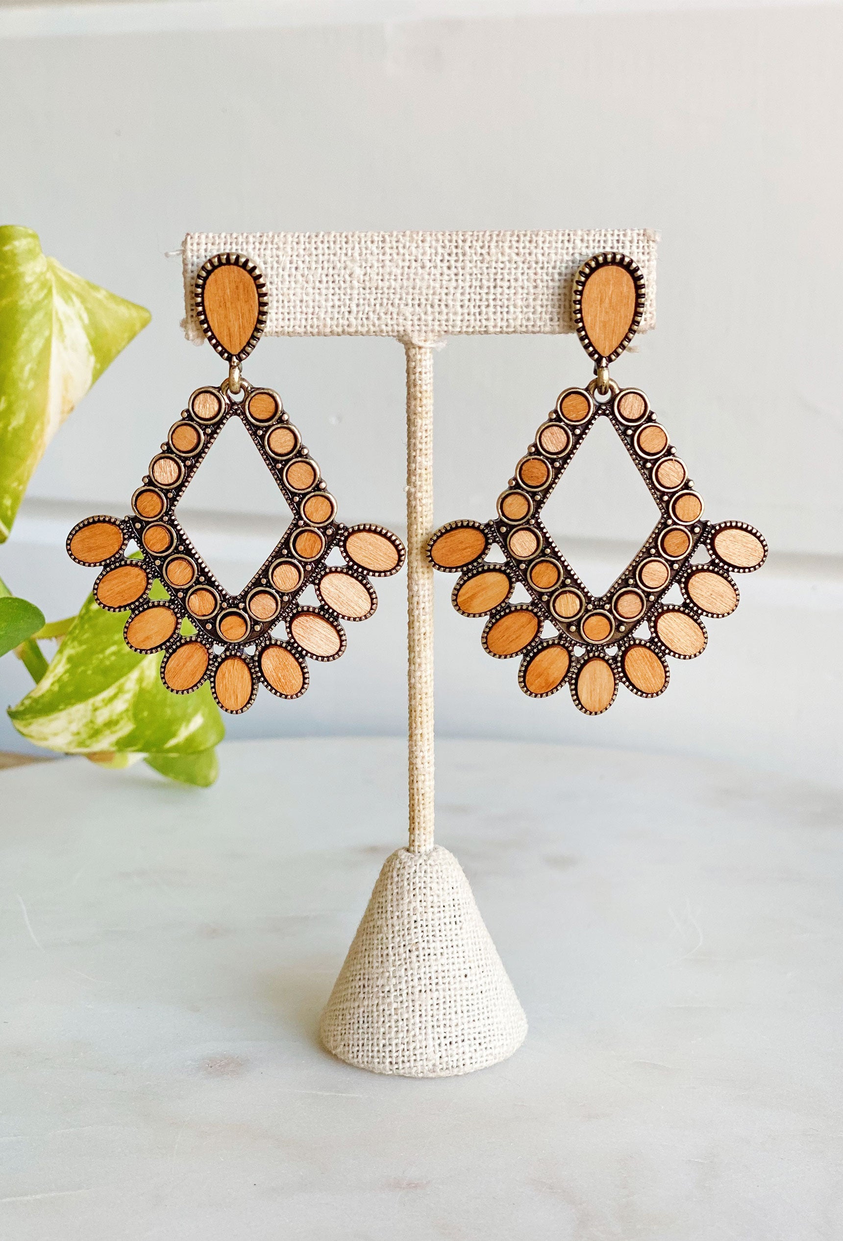 Noteworthy Style Earrings, wooden and gold detailing, post back