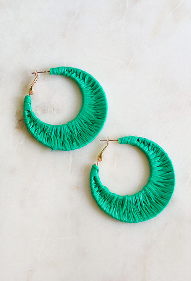Coast Earrings in Green, Green raffia hoop