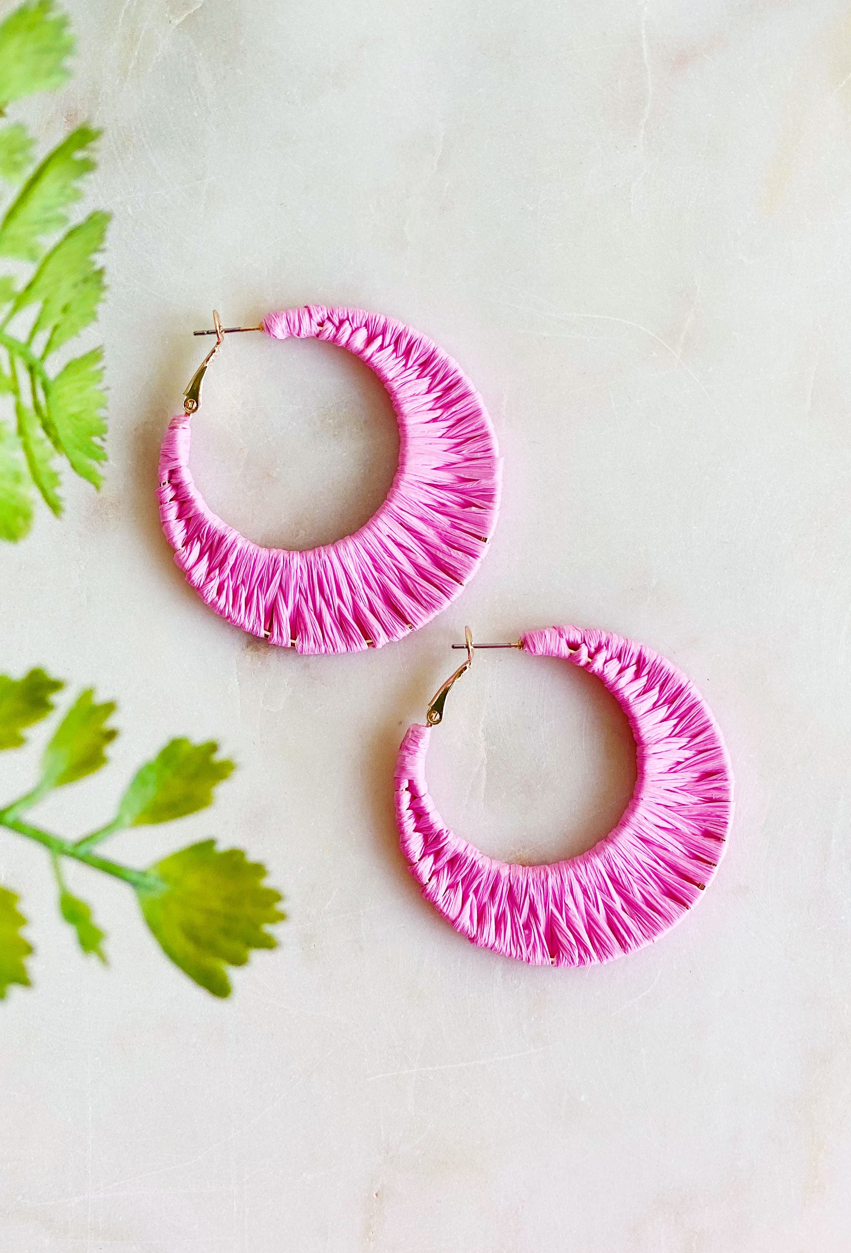 Off The Coast Earrings in Pink, pink raffia hoop