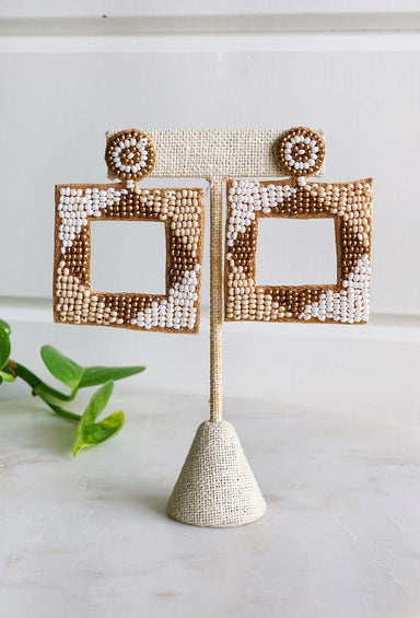 On My Mind Beaded Earrings, square shaped earrings with square hole in the middle, neutral colored beads, felt and post backing