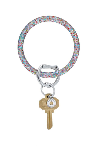 O-Venture Resin Key Ring in Birthday Cake, resin key ring, colorful sparkles inside the resin, key hook to hold keys, silver detailing