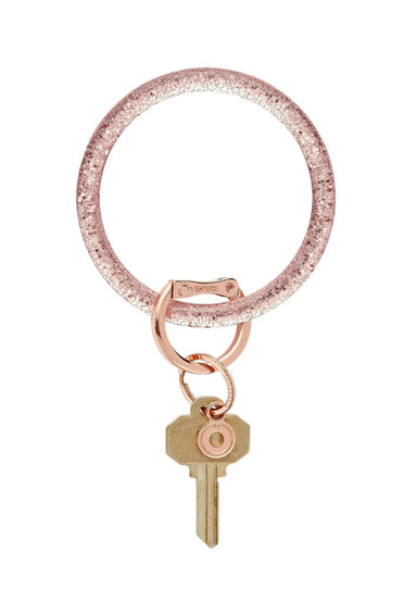 O-Venture Resin Key Ring in Rose, champagne colored glitter, resin key ring holder, rose gold metal detailing