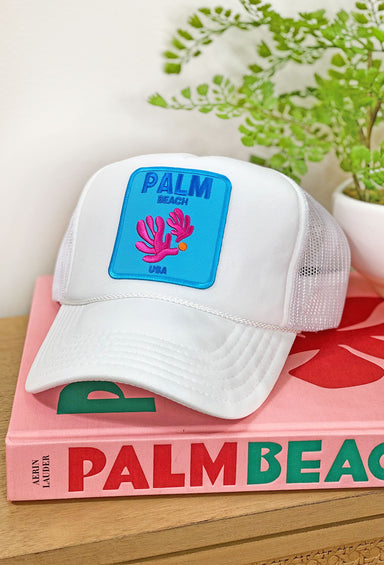 Palm Beach Trucker Hat, with trucker hat with blue palm beach patch on the front