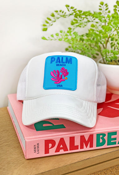 Palm Beach Trucker Hat, with trucker hat with blue palm beach patch on the front