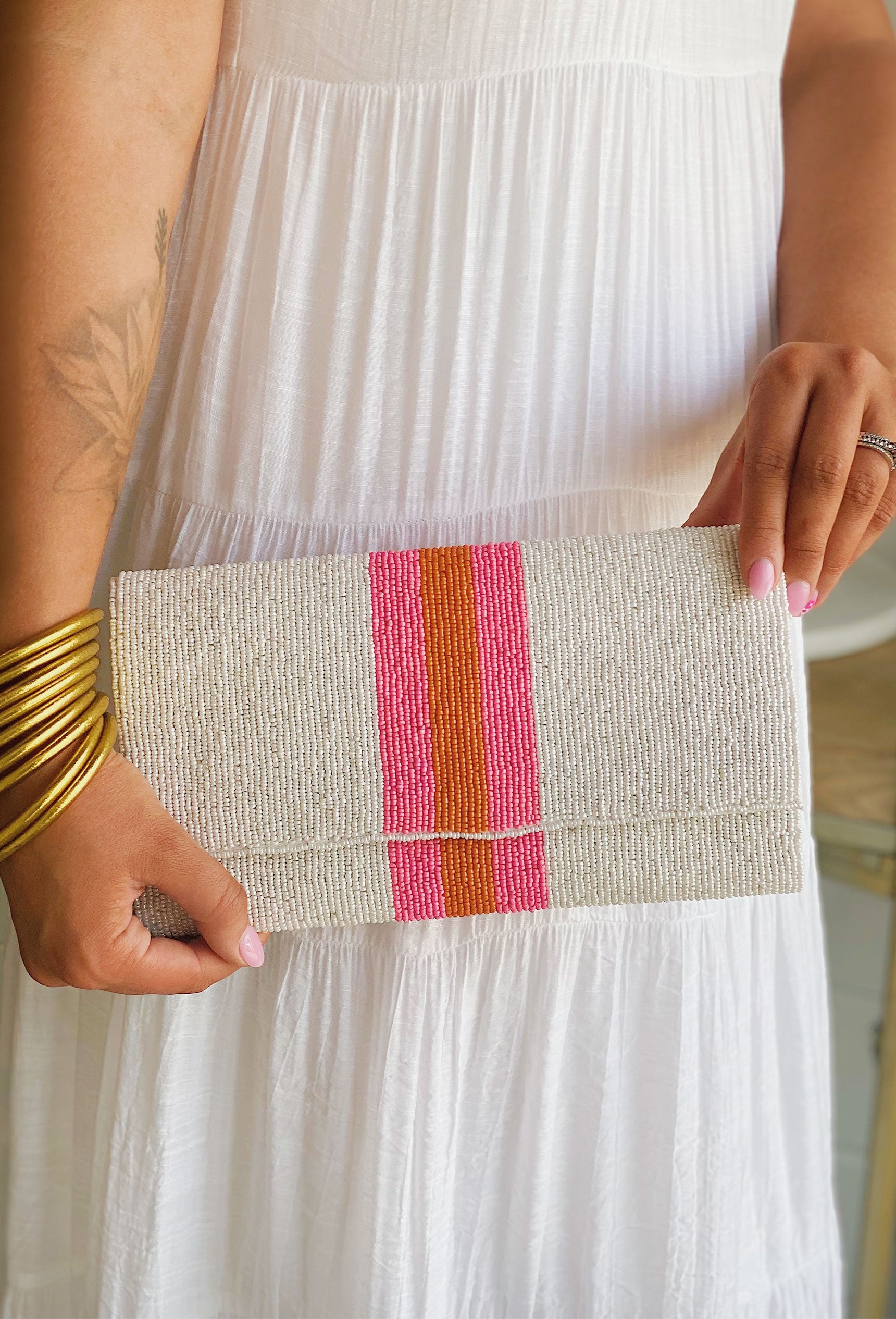 A Night Out Beaded Clutch in White | Groovy's | Beaded Clutch | Gold Beaded