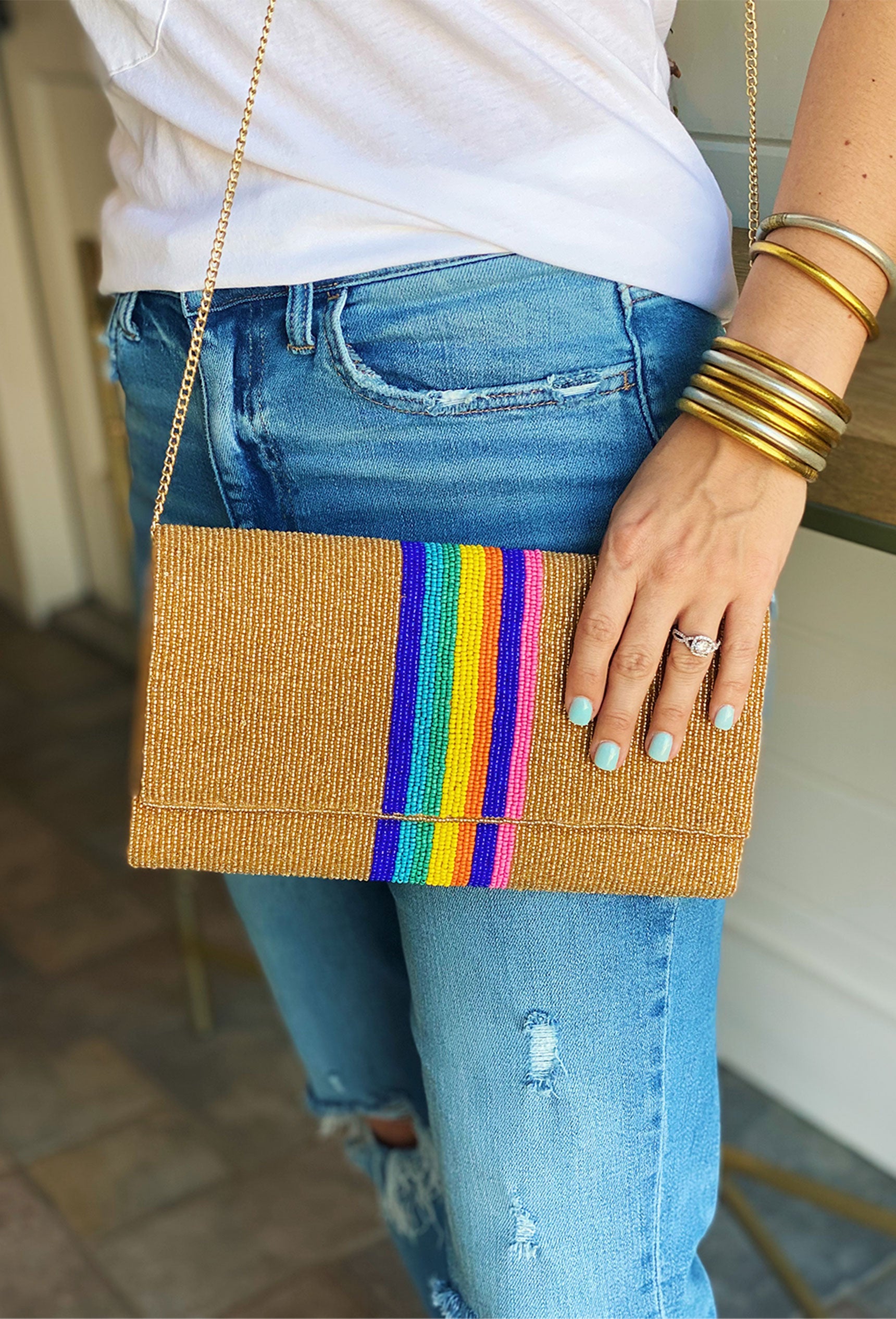 Party Time Beaded Clutch, gold beaded clutch with stripes down middle, dark blue, yellow, orange and pink