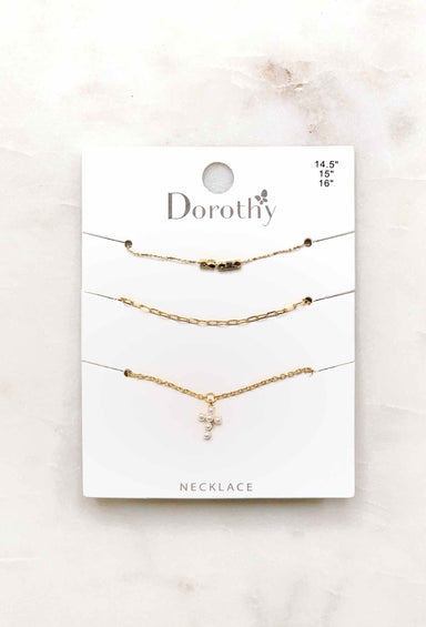 Pearl Cross Trio Necklace Set, 3 piece gold necklace. set with pearl cross charm