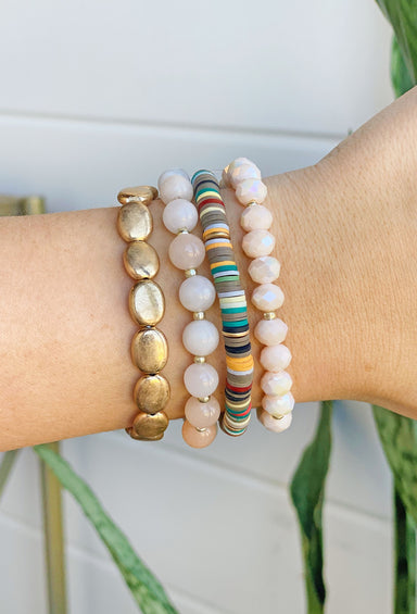 Perry Bracelet Set in Peach, set of 4 bracelets, gold peach and multi colored disc 