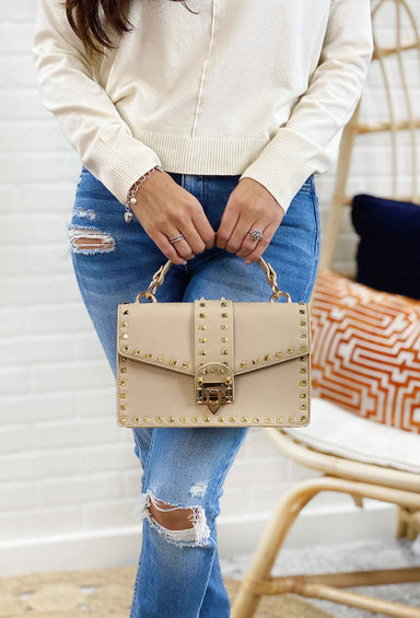 Pointelle Gold Stud Handbag, tan studded designer inspired handbag with detachable strap