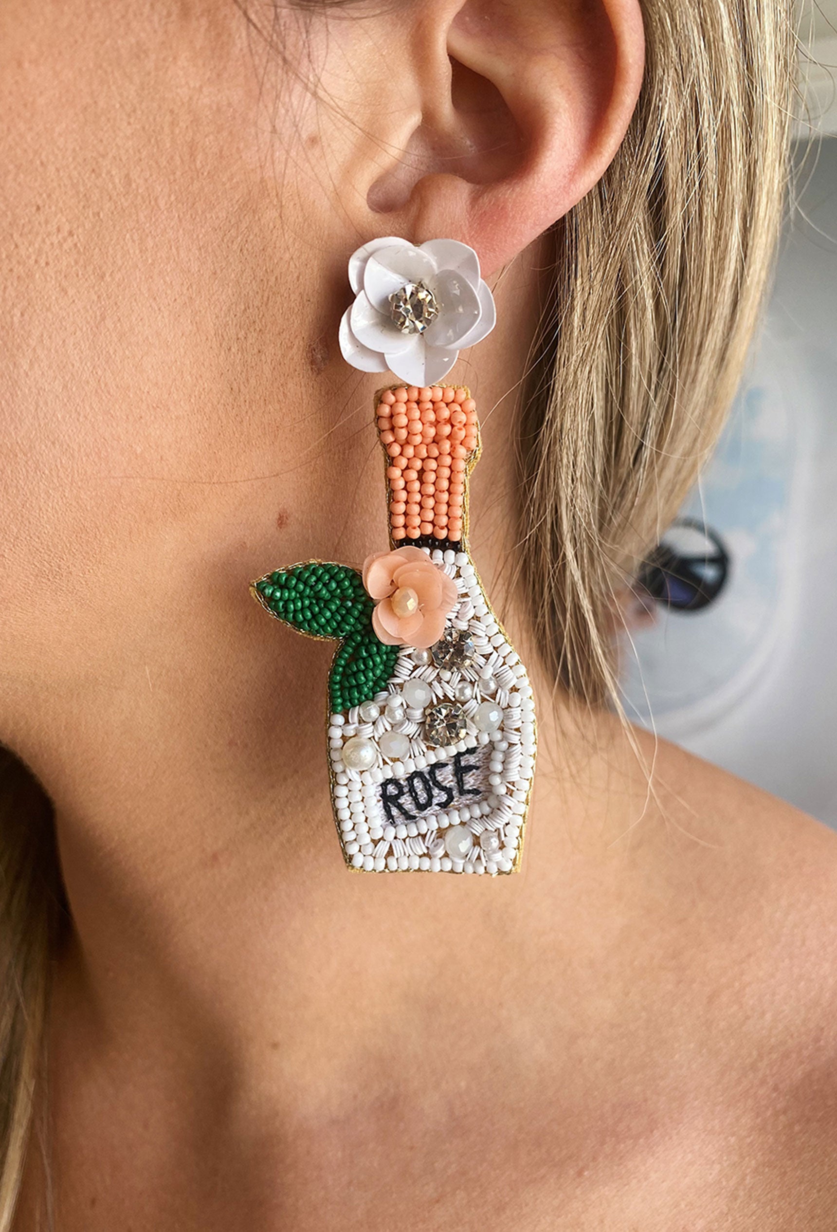 Popping Rose Beaded Earrings, beaded earrings in the shape of a rose bottle